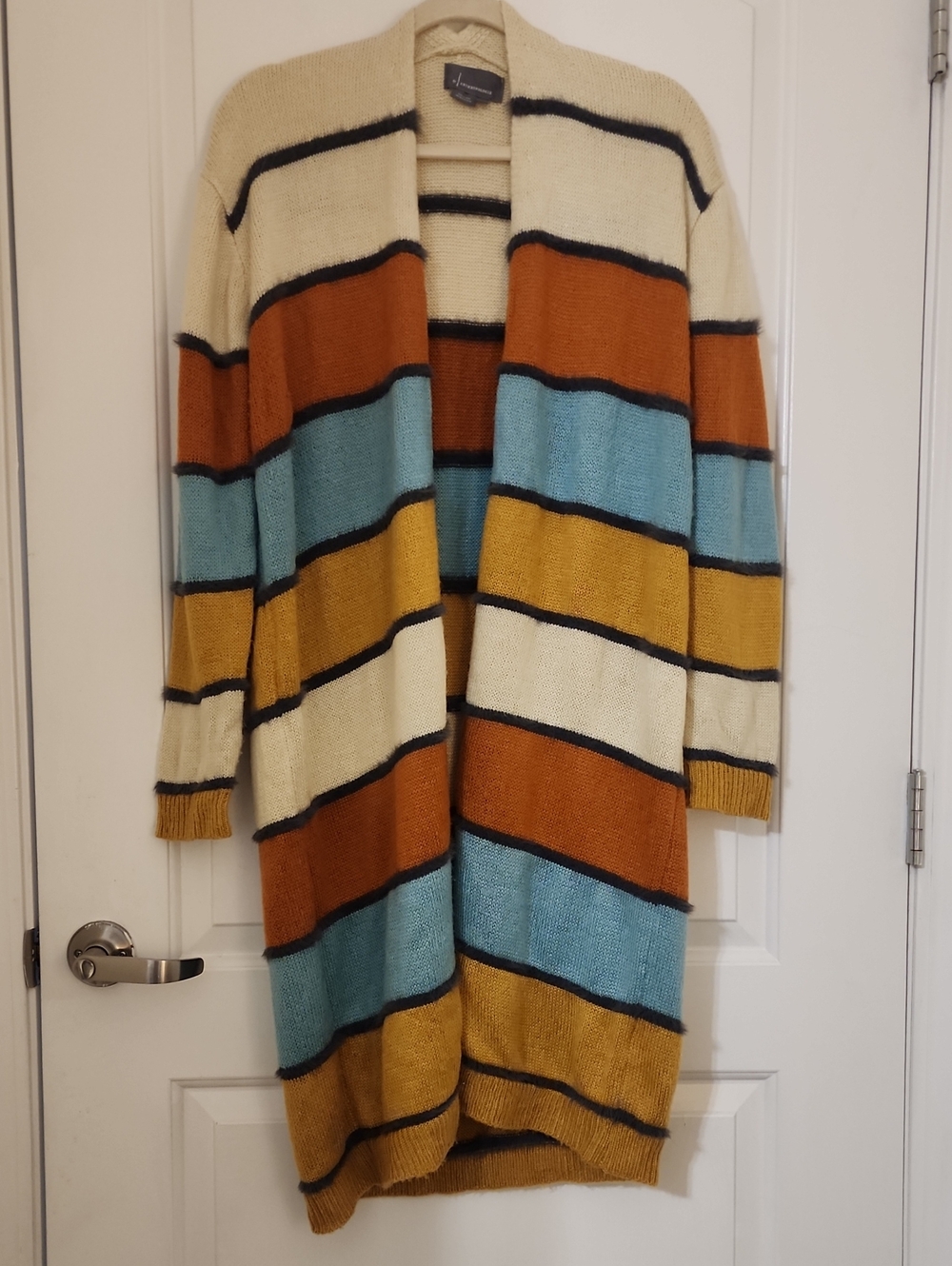 Striped Open-Front Long Cardigan Sweater - Cream, Rust, Teal & Mustard